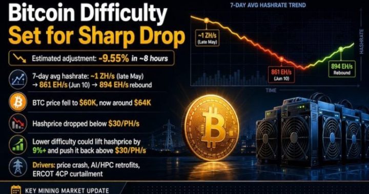 Bitcoin Mining Difficulty Set for Steep Drop as Hashrate Slides After Price Crash
