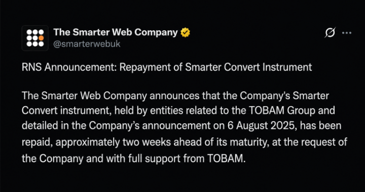 Bitcoin Treasury Firm Smarter Web Sells 177 BTC in Early Debt Repayment Move