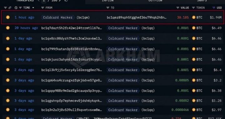 Coldcard Hacker Resumes Moving Stolen 30 BTC to New Wallet