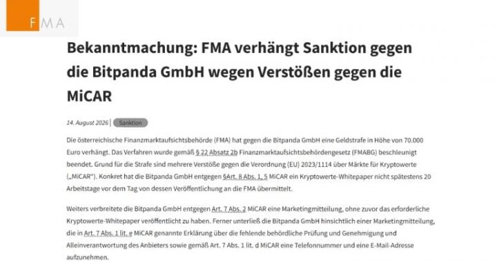 Austria Fines Bitpanda 70,000 Euros in First MiCA Crypto Penalty