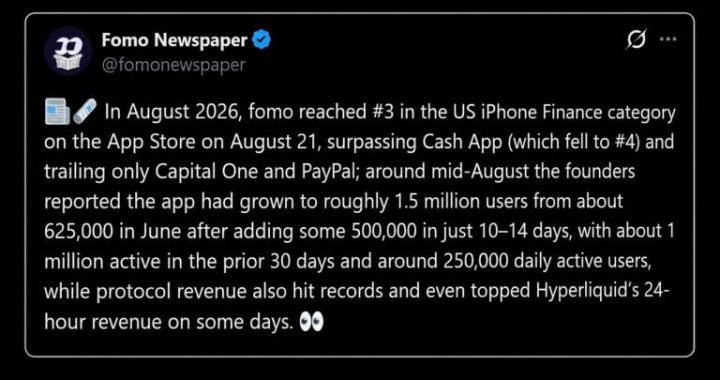 FOMO Cracks Top 5 US Finance Charts, Passes Kalshi and Cash App