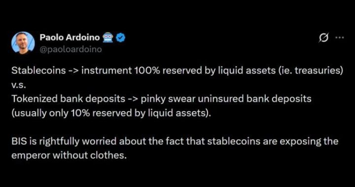 Tether CEO Slams BIS Over Tokenized Bank Deposit Push