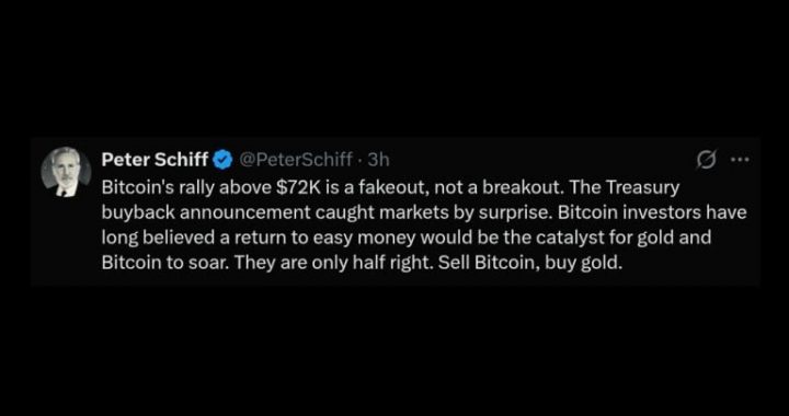 Schiff Dismisses Bitcoin’s $72k Surge as Treasury-Fueled Fakeout