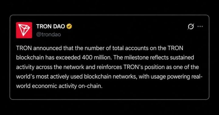 Tron Surpasses 400 Million Accounts as USDT Transfers Near $30 Trillion