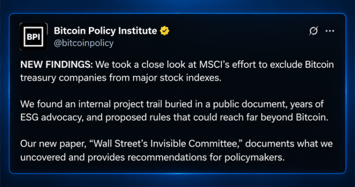 MSCI Rule Puts Strategy at Risk, Says Bitcoin Policy Institute Paper