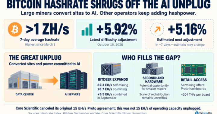 Miner Weekly: Bitcoin Hashrate Shrugs off the AI Unplug, Regaining 1 ZH/s Level