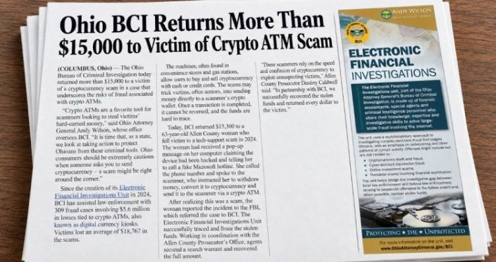 Ohio Returns $15,300 Lost at Crypto ATM in Fake Microsoft Scam
