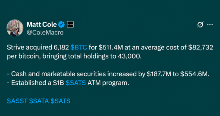 Strive Scoops up 6,182 Bitcoin Pushing Stash Total to 43,000 BTC